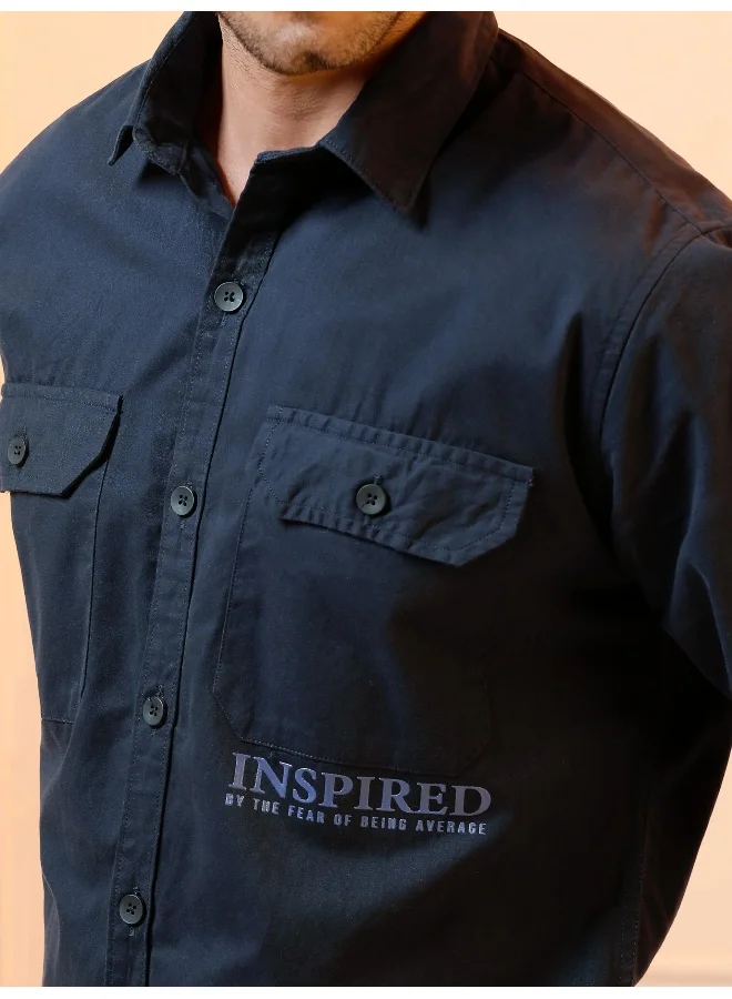 Beyoung Midnight Blue Cotton Lycra Urban Shirt for Men