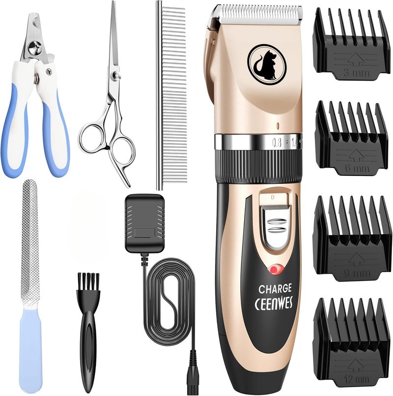 Ceenwes Unisex Low Noise Pet Clippers - Rechargeable Dog Trimmer, Cordless Grooming Tool With Comb Guides, Scissors, Nail Kits for Dogs, Cats & Other Hairy Animals, Multicolour - Image 1