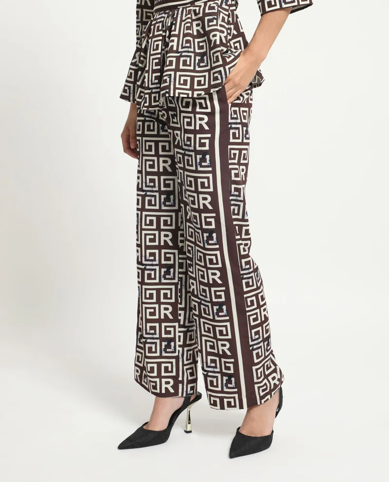 Rareism Women's Geometric Monogram Print Satin Trousers
