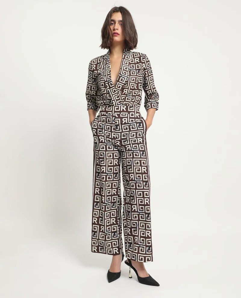 Rareism Women's Geometric Monogram Print Satin Trousers
