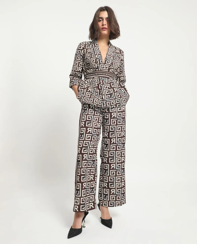Rareism Women's Geometric Monogram Print Satin Trousers