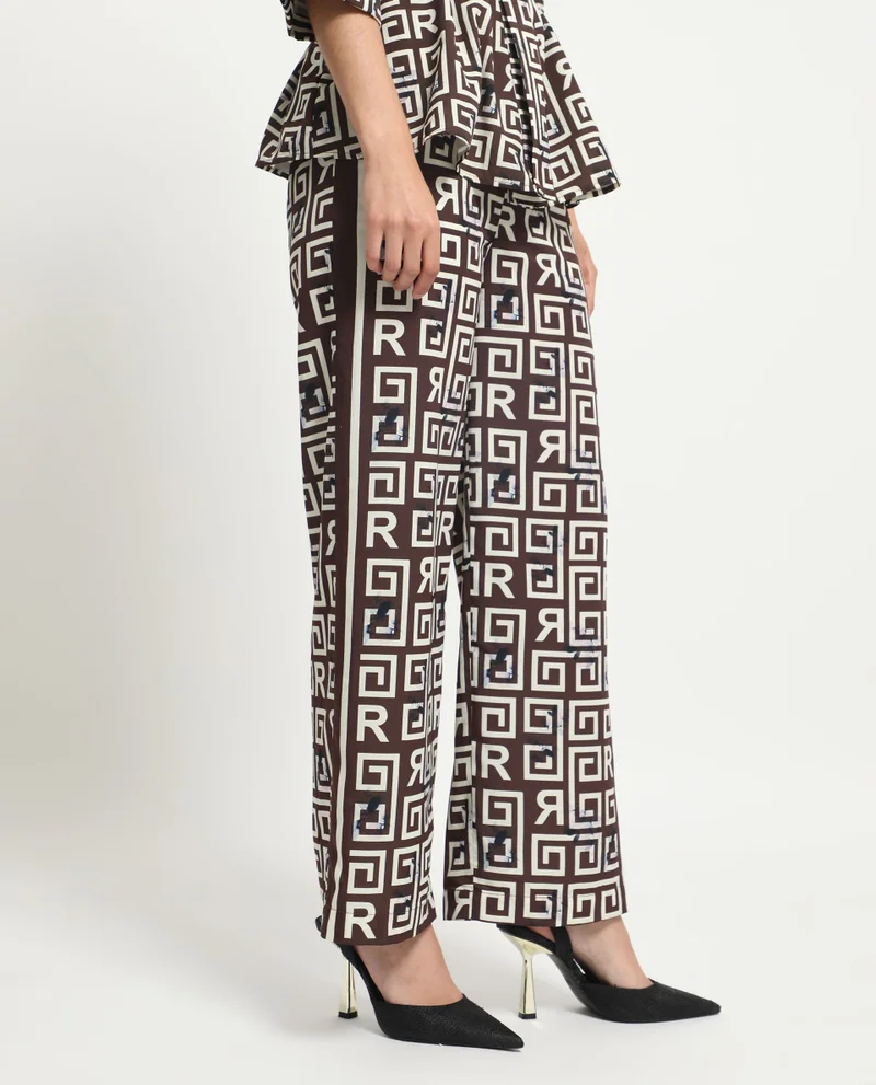 Rareism Women's Geometric Monogram Print Satin Trousers
