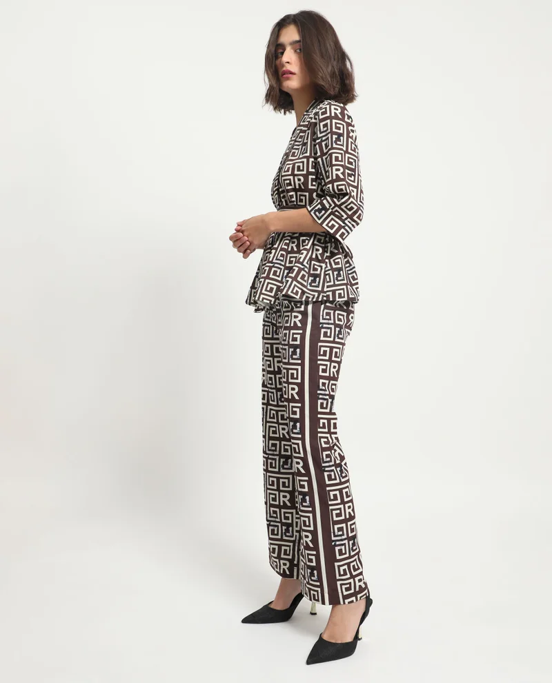 Rareism Women's Geometric Monogram Print Satin Trousers