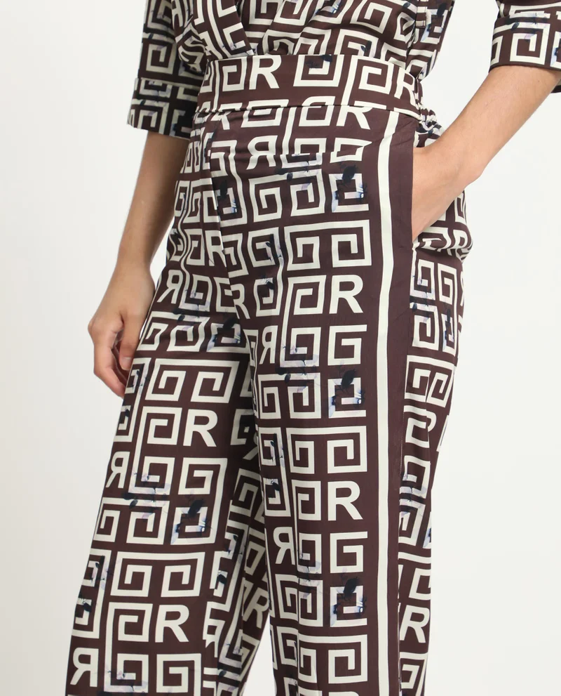 Rareism Women's Geometric Monogram Print Satin Trousers