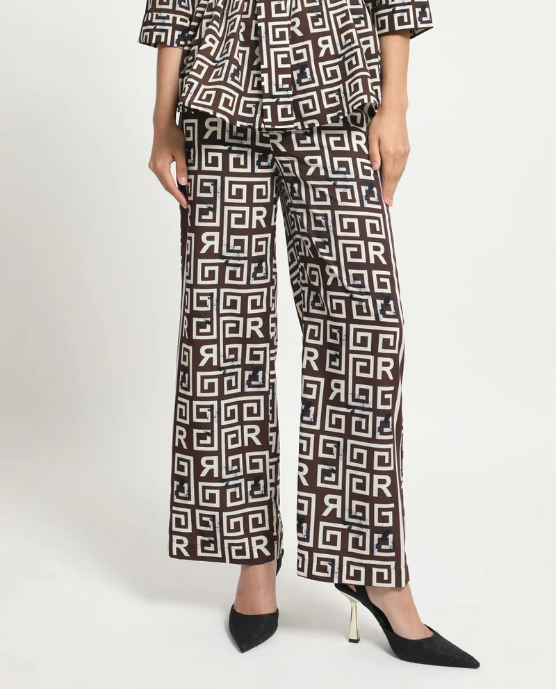 Rareism Women's Geometric Monogram Print Satin Trousers
