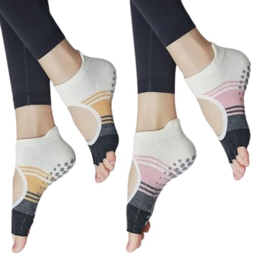 XFyt Cotton Blend Pack Of 2 Open Toe Yoga Ankle Length Socks For Women | Ideal For Workouts/Pilates/Dance | Anti Slip Breathable Woman Socks (Yellow & Pink) - Image 1