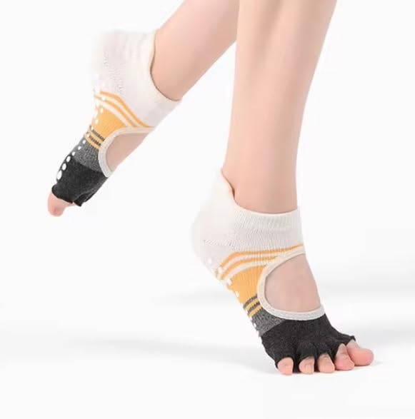 XFyt Cotton Blend Pack Of 2 Open Toe Yoga Ankle Length Socks For Women | Ideal For Workouts/Pilates/Dance | Anti Slip Breathable Woman Socks (Yellow & Pink) - Image 5