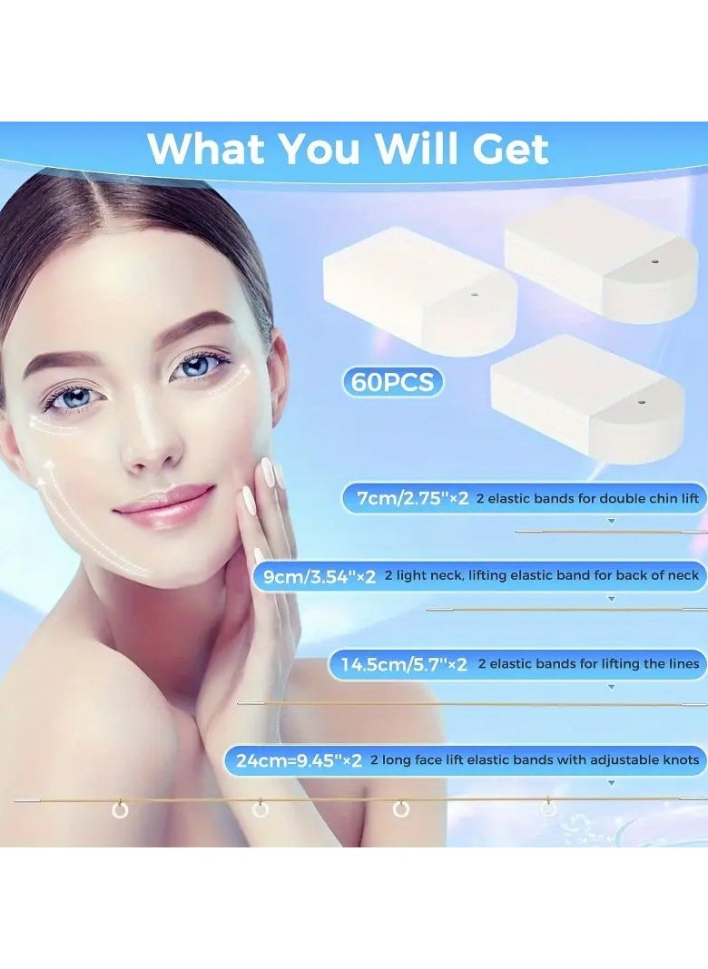 Face Lifting Tape and Bands Set, 18pcs Invisible Facelift Adhesive Strips with 4 Adjustable Elastic Bands, Instant Skin Tightening for Neck, Jowls, and Double Chin, Reusable, Unscented