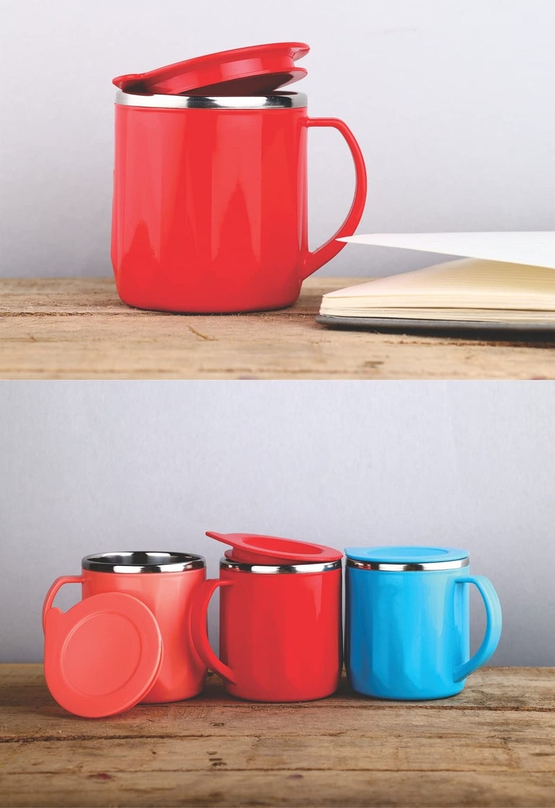 Faverito Mug Unbreakable Insulated Double Wall Spill Proof Plastic Stainless Steel Tea/Coffee/Milk Mug with Lid (Pack of 4) - Image 1