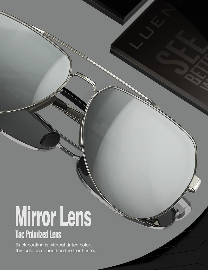 LUENX Men Women Aviator Sunglasses Polarized Shades Flexible Spring Hinge - Silver Mirror Lens Silver Metal Frame 60mm - Image 4