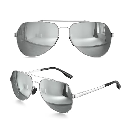 LUENX Men Women Aviator Sunglasses Polarized Shades Flexible Spring Hinge - Silver Mirror Lens Silver Metal Frame 60mm - Image 2