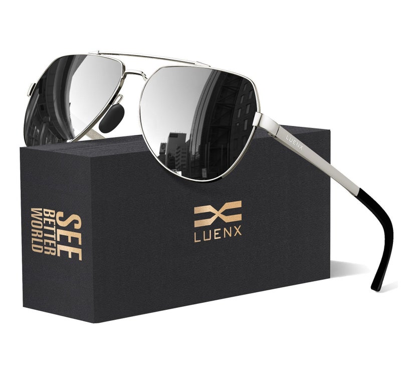 LUENX Men Women Aviator Sunglasses Polarized Shades Flexible Spring Hinge - Silver Mirror Lens Silver Metal Frame 60mm - Image 1
