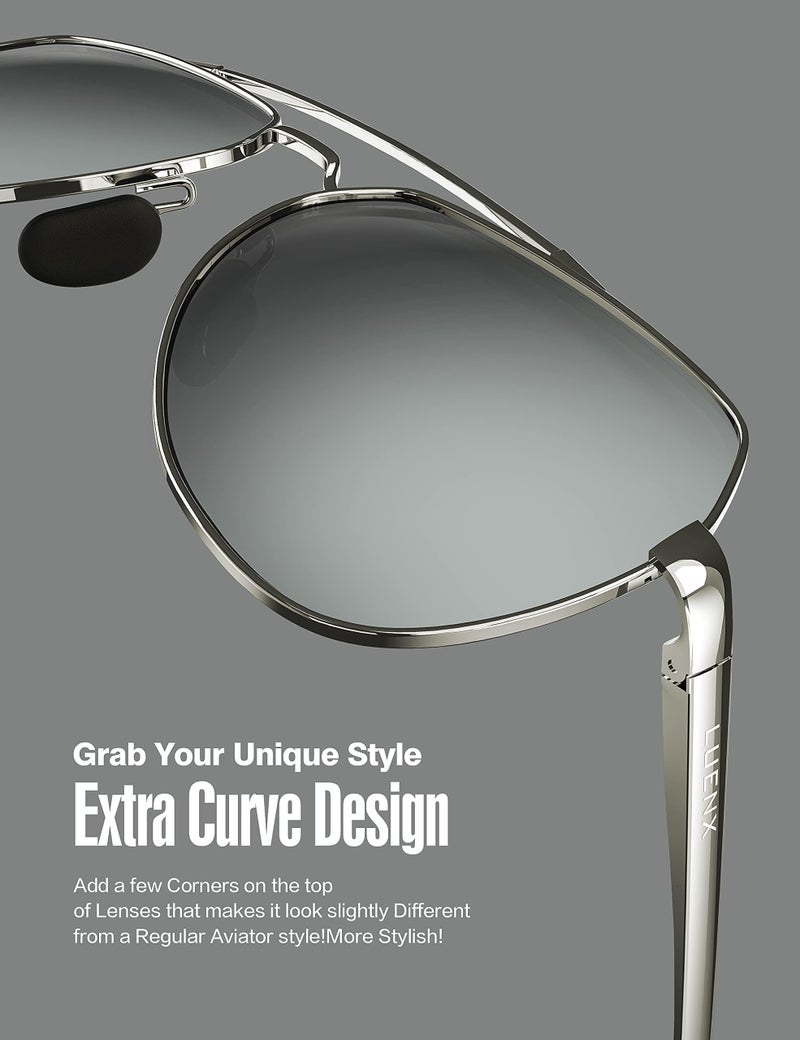 LUENX Men Women Aviator Sunglasses Polarized Shades Flexible Spring Hinge - Silver Mirror Lens Silver Metal Frame 60mm - Image 3