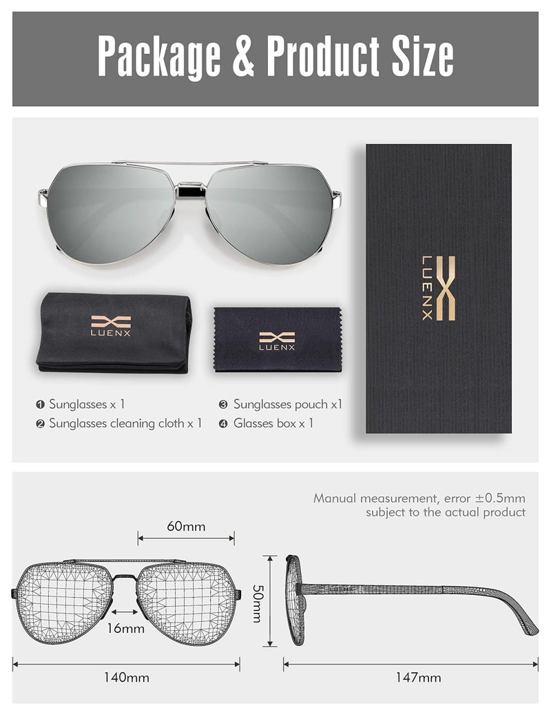 LUENX Men Women Aviator Sunglasses Polarized Shades Flexible Spring Hinge - Silver Mirror Lens Silver Metal Frame 60mm - Image 5