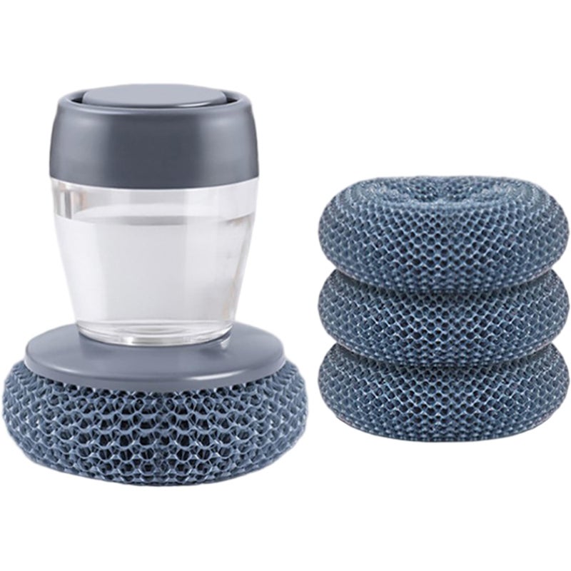 Press type liquid dishwashing brush multifunctional pot dish cleaning brush (1 set of liquid PET ball brush +3 replacement balls) Blue - Image 1