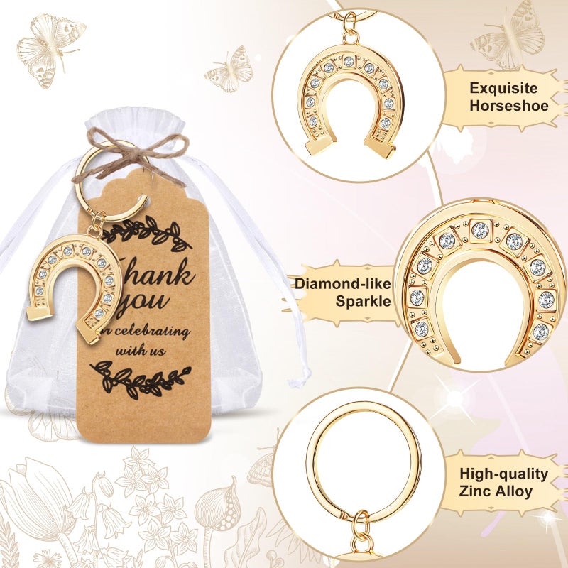 Ecation 20 Set Lucky Horseshoe Keychain Party Favor Bulk Western Cowboy Keyring Charm Accessories Kraft Tag Organza Bag for Guest Baptism Bridal Baby Shower Valentine Wedding Gift(Large,Golden) - Image 2