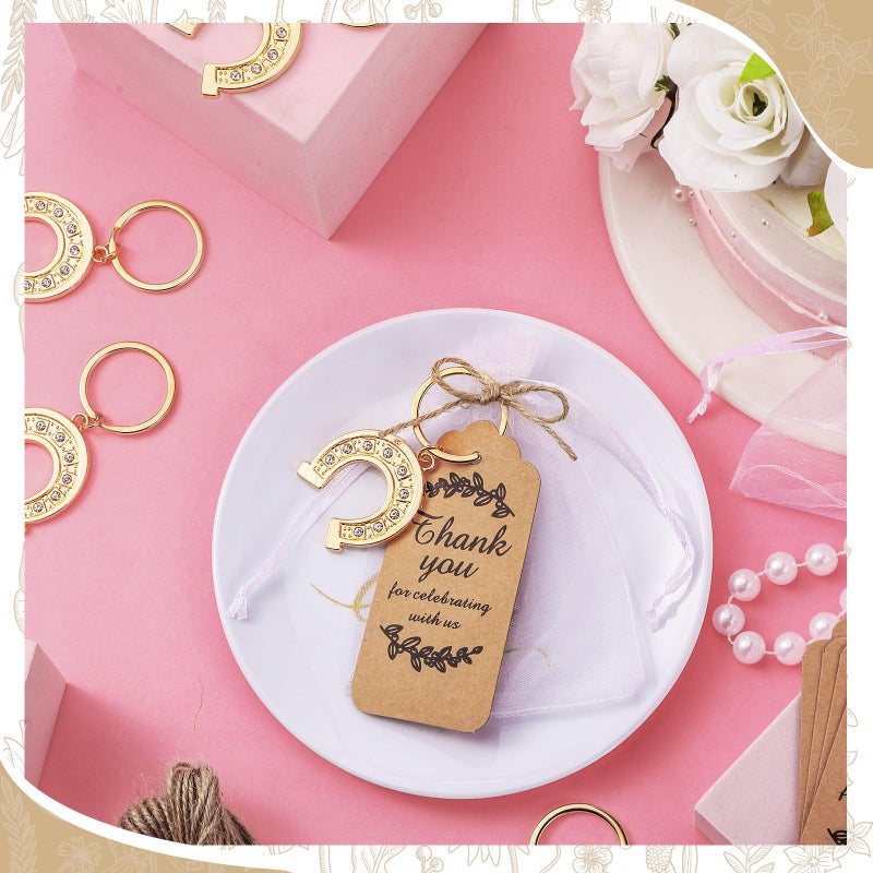 Ecation 20 Set Lucky Horseshoe Keychain Party Favor Bulk Western Cowboy Keyring Charm Accessories Kraft Tag Organza Bag for Guest Baptism Bridal Baby Shower Valentine Wedding Gift(Large,Golden) - Image 4
