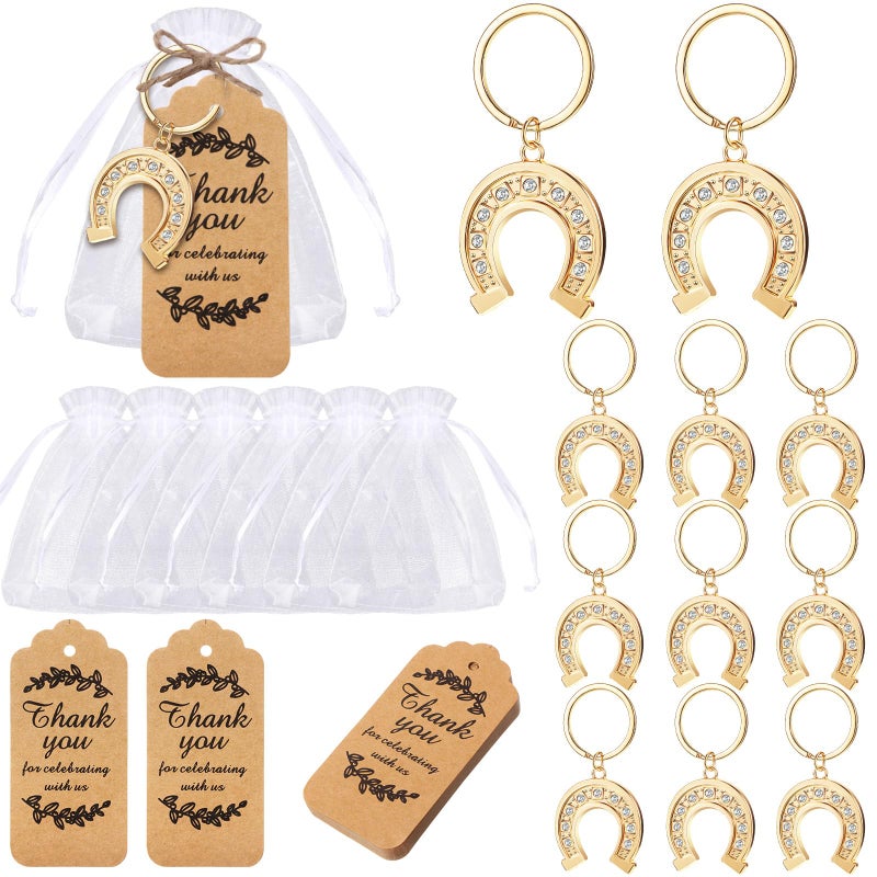 Ecation 20 Set Lucky Horseshoe Keychain Party Favor Bulk Western Cowboy Keyring Charm Accessories Kraft Tag Organza Bag for Guest Baptism Bridal Baby Shower Valentine Wedding Gift(Large,Golden) - Image 1