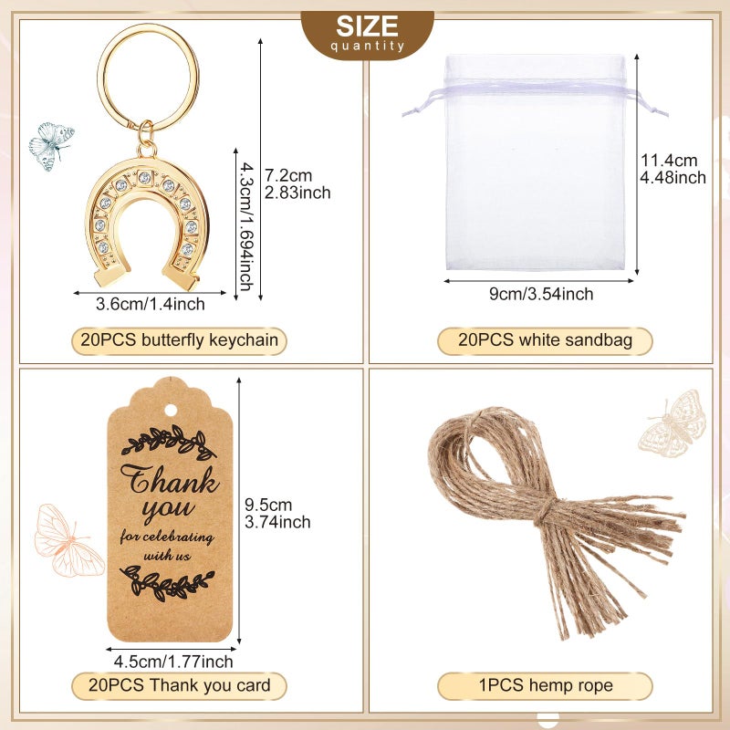 Ecation 20 Set Lucky Horseshoe Keychain Party Favor Bulk Western Cowboy Keyring Charm Accessories Kraft Tag Organza Bag for Guest Baptism Bridal Baby Shower Valentine Wedding Gift(Large,Golden) - Image 3