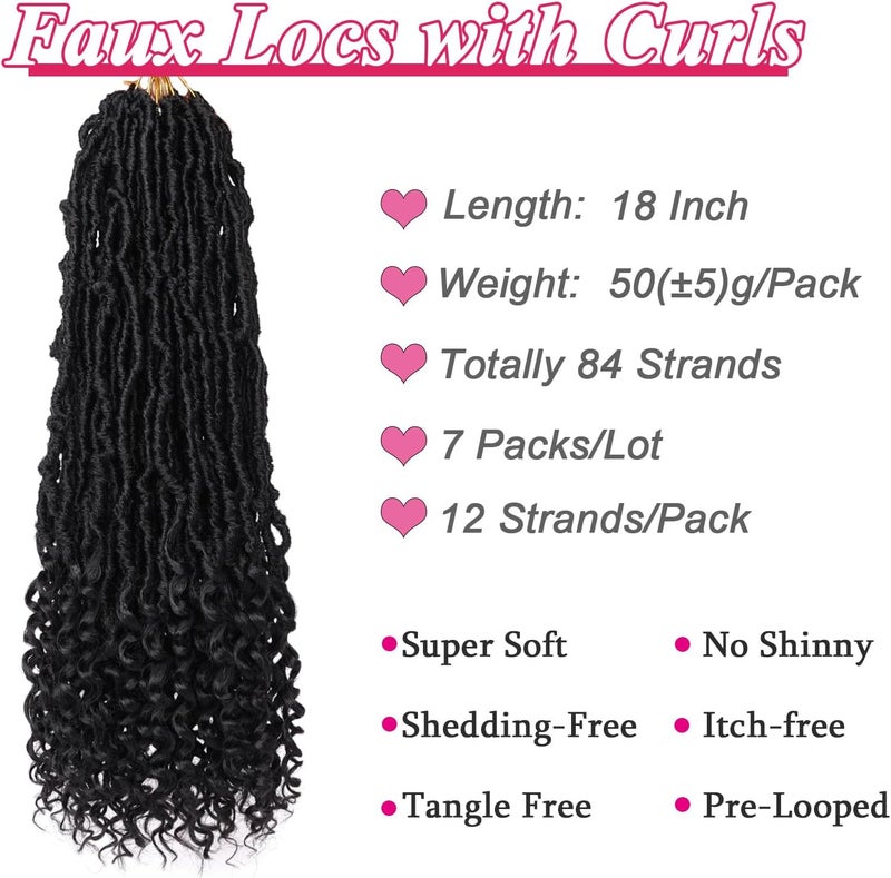 Leeven 7 Packs Faux Locs With Curly Ends 18 Inch Pre-looped Goddess Locs Crochet Hair 84 Strands Natural Black Crochet Bohemian Soft Locs Braiding Hair Extensions With Curls for Women 1B# - Image 2