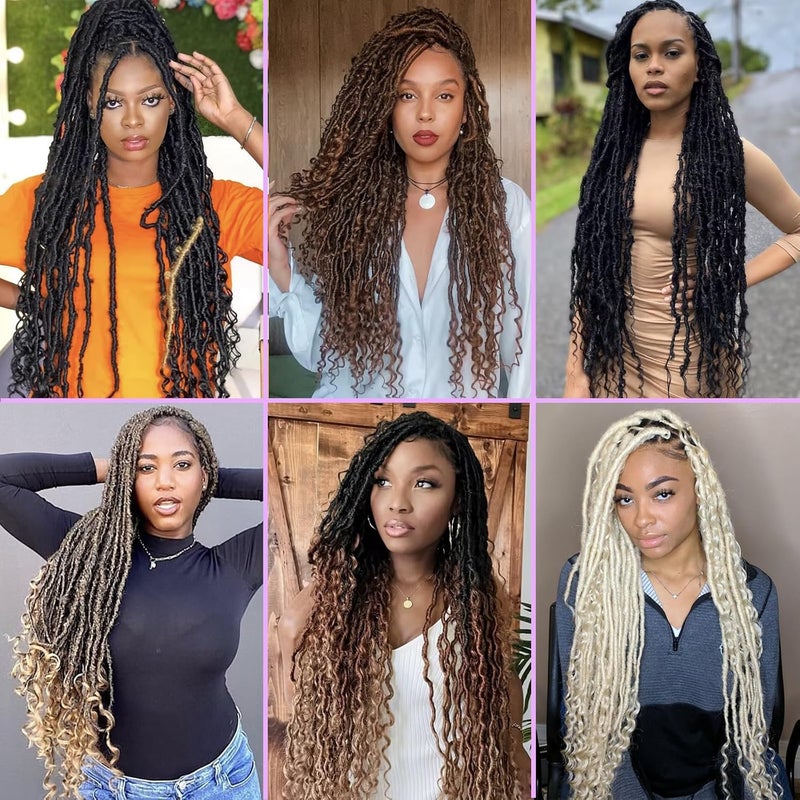 Leeven 7 Packs Faux Locs With Curly Ends 18 Inch Pre-looped Goddess Locs Crochet Hair 84 Strands Natural Black Crochet Bohemian Soft Locs Braiding Hair Extensions With Curls for Women 1B# - Image 5
