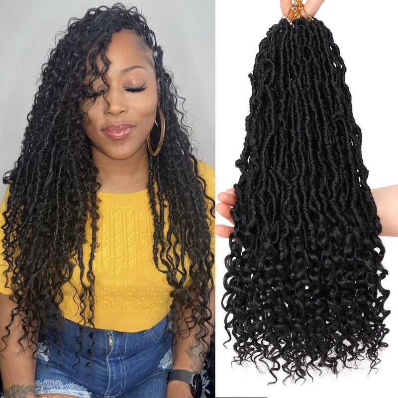 Leeven 7 Packs Faux Locs With Curly Ends 18 Inch Pre-looped Goddess Locs Crochet Hair 84 Strands Natural Black Crochet Bohemian Soft Locs Braiding Hair Extensions With Curls for Women 1B# - Image 1