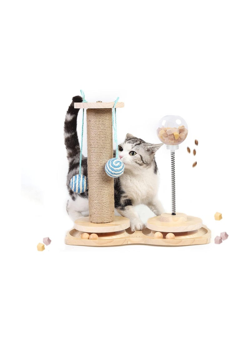 4 in1 Interactive Cat Toy, Cat Scratching Post with Hanging Ball, Cat Food Treat Toy for Indoor Cats and Kittens with Wooden Track Balls, Kitten Sisal Scratcher Toy with Cat Treat Dispenser - Image 1