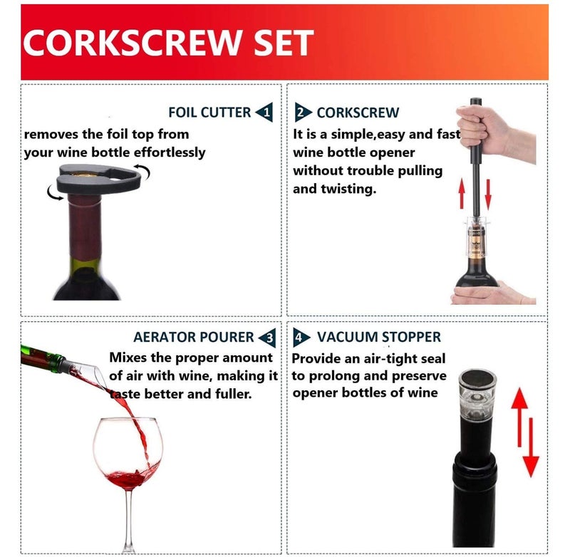 Tyzine Air Pressure Pump Bottle Opener With Foil Cutter,Aerator Pourer,Vacuum Stopper(4PCS),Simple Cork Remover,Efficient Corkscrew Bottle Opener,Great For Wine Lovers,Perfect Wine Gift. - Image 5