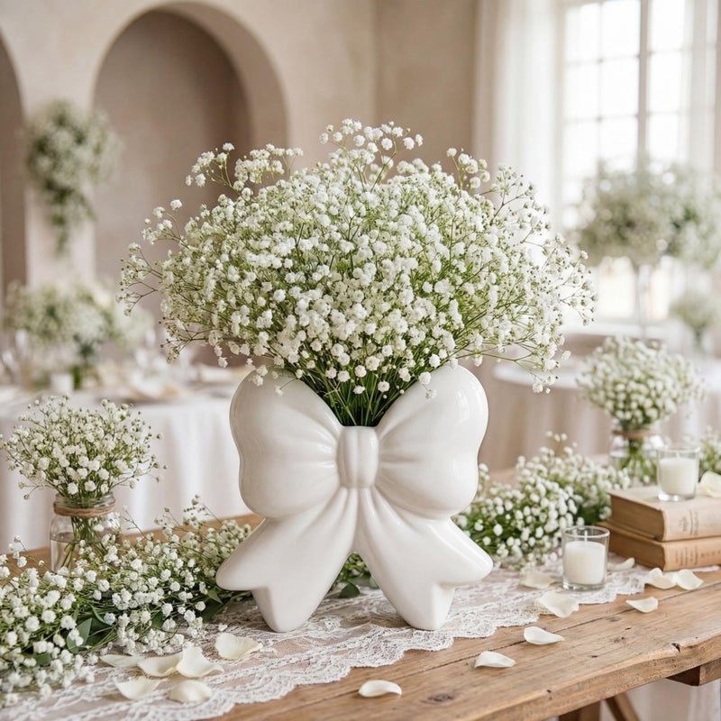 Jingmore White Bow Vase Coquette Ceramic Vase for Wedding Pen Holder Makeup Brush Holder Contemporary Design Decorative Women Gift for Home Office Shelf Table Room(Small, Classic) - Image 1