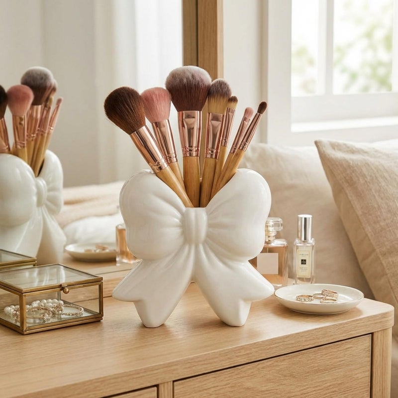 Jingmore White Bow Vase Coquette Ceramic Vase for Wedding Pen Holder Makeup Brush Holder Contemporary Design Decorative Women Gift for Home Office Shelf Table Room(Small, Classic) - Image 3