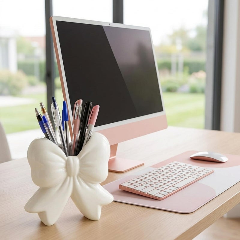 Jingmore White Bow Vase Coquette Ceramic Vase for Wedding Pen Holder Makeup Brush Holder Contemporary Design Decorative Women Gift for Home Office Shelf Table Room(Small, Classic) - Image 2