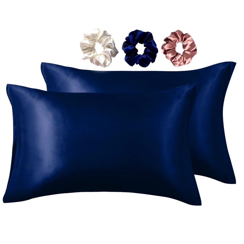 Silvr Bear Luxury Solid Satin Pillow Covers + 3 Scrunchies | Aesthetic Pillowcase-Standard - 18 X 27 Inches | Great For Hair And Skin | Combo Pack (Navy Blue, Luxe Satin) 250, 5 Piece - Image 2