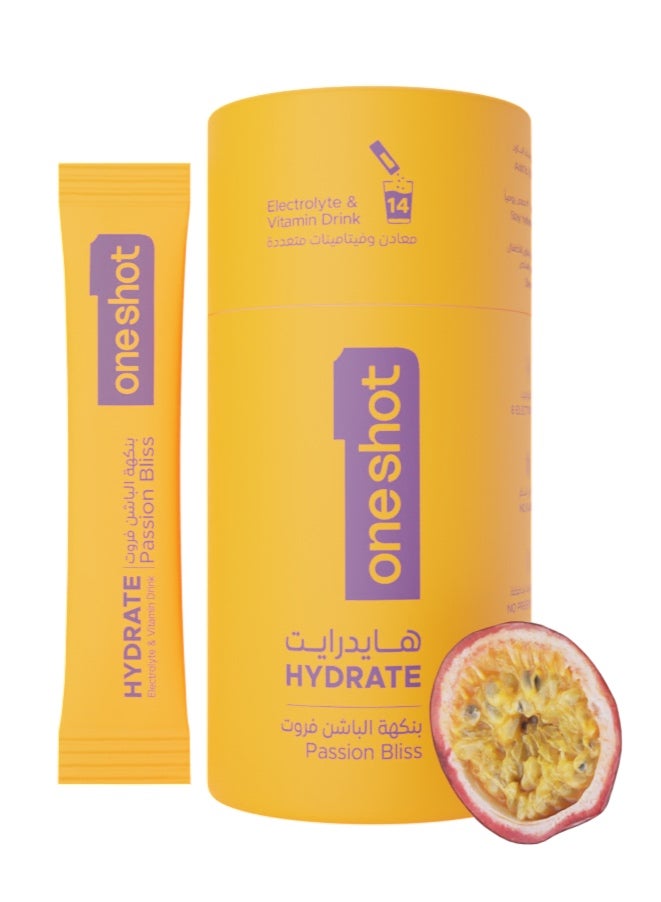 Passion Bliss, Daily Hydration, Sugar Free Electrolyte Powder Drink Mix with Vitamins and Zinc, No Aftertaste, Passion Fruit Flavor, 14 Sachets