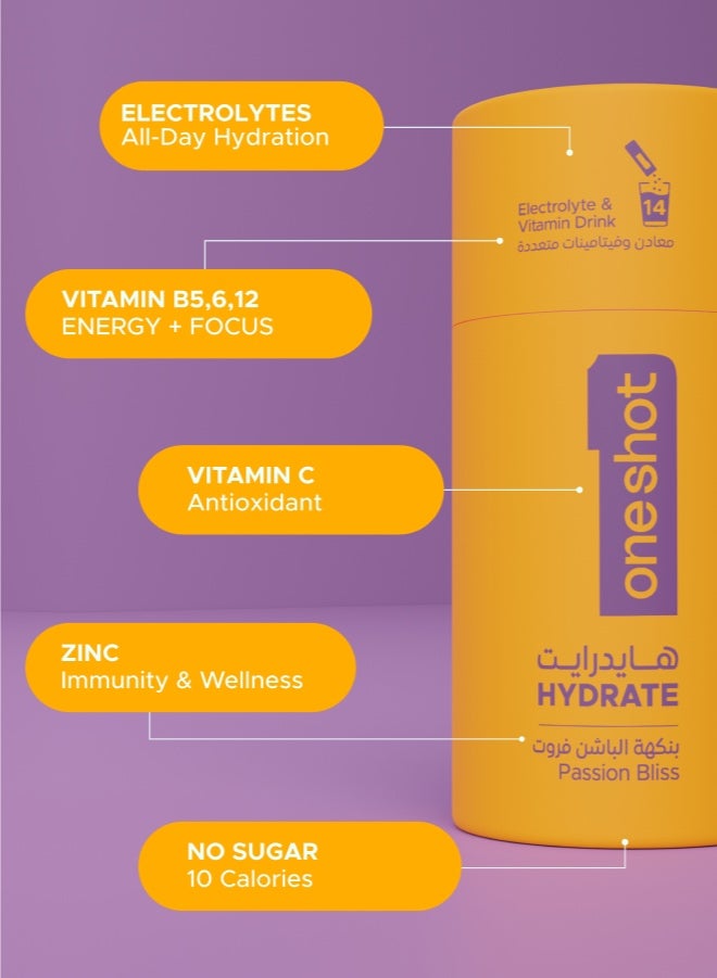 Oneshot Passion Bliss, Daily Hydration, Sugar Free Electrolyte Powder Drink Mix with Vitamins and Zinc, No Aftertaste, Passion Fruit Flavor, 14 Sachets - Image 4