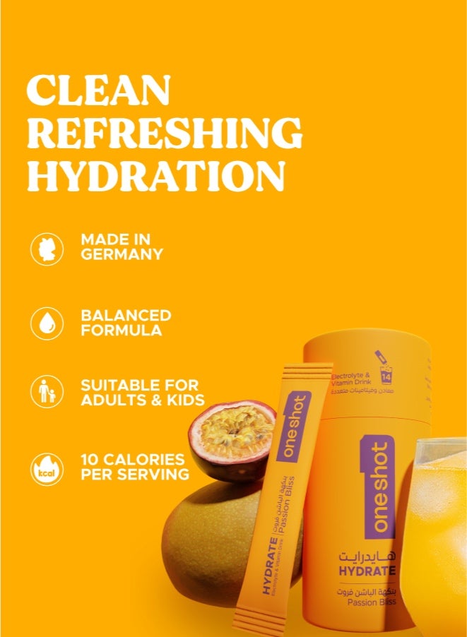 Oneshot Passion Bliss, Daily Hydration, Sugar Free Electrolyte Powder Drink Mix with Vitamins and Zinc, No Aftertaste, Passion Fruit Flavor, 14 Sachets - Image 2