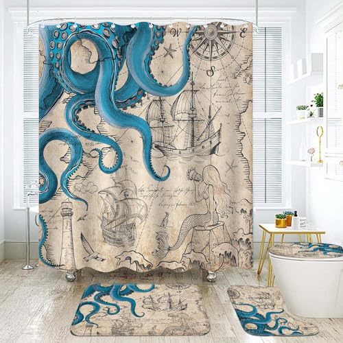 Fungarth 4 Pcs Vintage Nautical Octopus Shower Curtain Set with Rug Retro Coastal Bathroom Sets with Waterproof Shower Curtain and Non Slip Memory Foam Rugs Toilet Lid Cover Bath Mat Decor with Hook - Image 3
