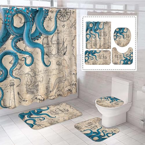 Fungarth 4 Pcs Vintage Nautical Octopus Shower Curtain Set with Rug Retro Coastal Bathroom Sets with Waterproof Shower Curtain and Non Slip Memory Foam Rugs Toilet Lid Cover Bath Mat Decor with Hook - Image 1