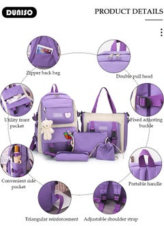 DUNISO 5pcs School Backpack Set for Teenager Student,Large Capacity Lightweight Cute Simple Casual Fashion High Stretch Canvas Kids Backpack,School Bag Set with Cute Pendant Handbag,Crossbody Bag Lunch Bag Coin Purse,Suitable for Office College School Gift  - Image 2