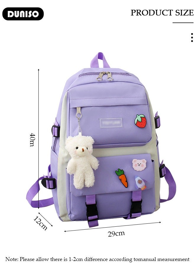 DUNISO 5pcs School Backpack Set for Teenager Student,Large Capacity Lightweight Cute Simple Casual Fashion High Stretch Canvas Kids Backpack,School Bag Set with Cute Pendant Handbag,Crossbody Bag Lunch Bag Coin Purse,Suitable for Office College School Gift - Image 4