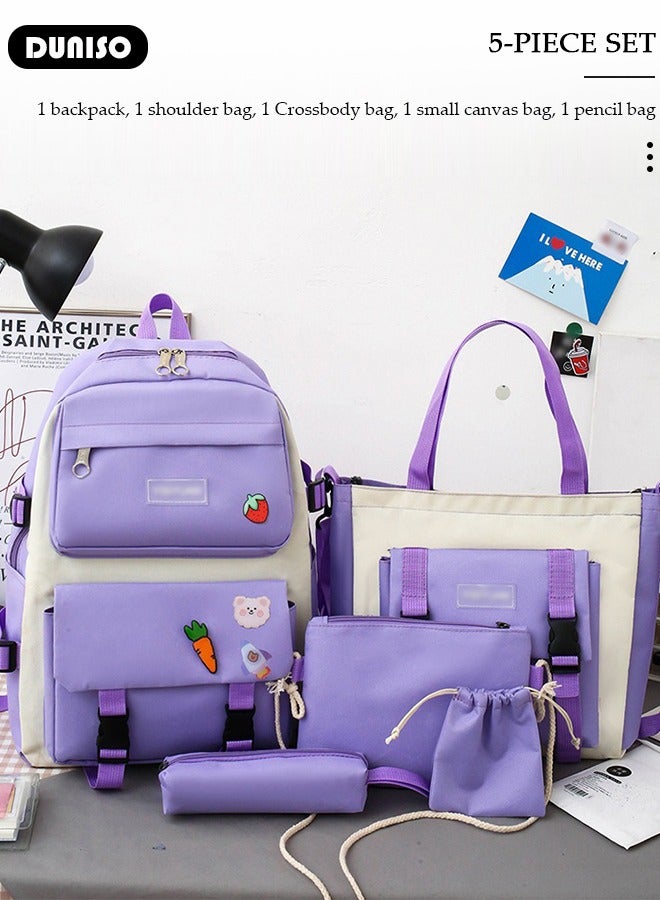 DUNISO 5pcs School Backpack Set for Teenager Student,Large Capacity Lightweight Cute Simple Casual Fashion High Stretch Canvas Kids Backpack,School Bag Set with Cute Pendant Handbag,Crossbody Bag Lunch Bag Coin Purse,Suitable for Office College School Gift - Image 3