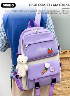DUNISO 5pcs School Backpack Set for Teenager Student,Large Capacity Lightweight Cute Simple Casual Fashion High Stretch Canvas Kids Backpack,School Bag Set with Cute Pendant Handbag,Crossbody Bag Lunch Bag Coin Purse,Suitable for Office College School Gift  - Image 5