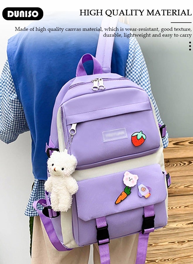 DUNISO 5pcs School Backpack Set for Teenager Student,Large Capacity Lightweight Cute Simple Casual Fashion High Stretch Canvas Kids Backpack,School Bag Set with Cute Pendant Handbag,Crossbody Bag Lunch Bag Coin Purse,Suitable for Office College School Gift - Image 5