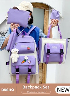 DUNISO 5pcs School Backpack Set for Teenager Student,Large Capacity Lightweight Cute Simple Casual Fashion High Stretch Canvas Kids Backpack,School Bag Set with Cute Pendant Handbag,Crossbody Bag Lunch Bag Coin Purse,Suitable for Office College School Gift  - Image 1
