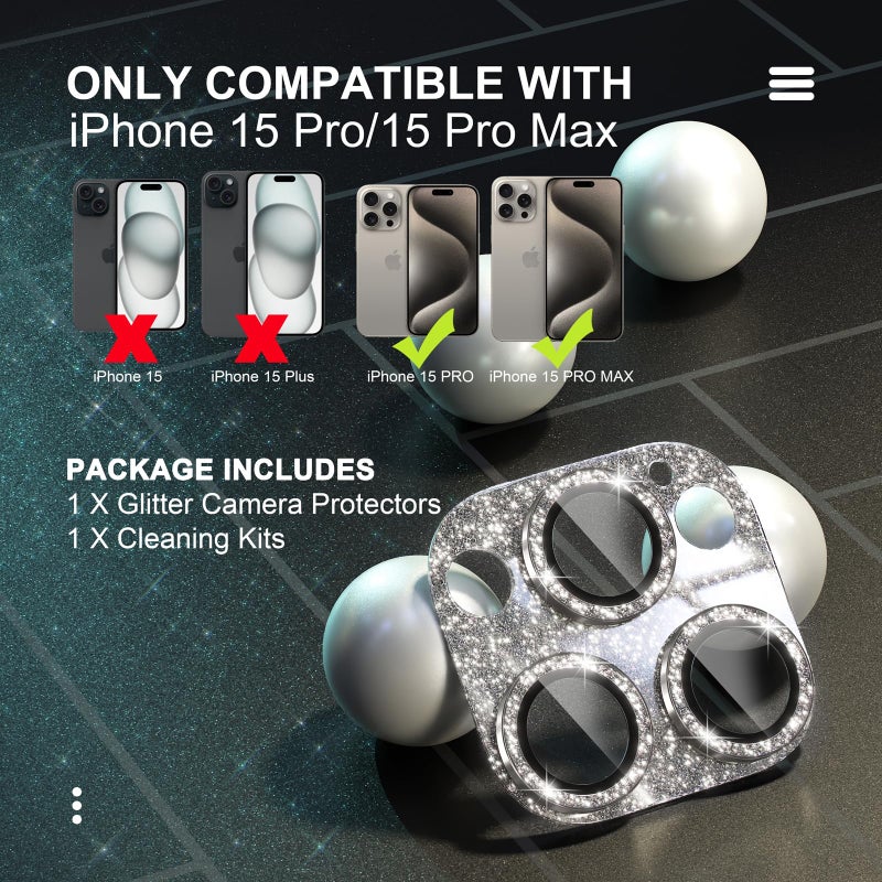 Choiche Compatible for iPhone 15 Pro/iPhone 15 Pro Max Camera Lens Protector, Bling Camera Cover with 9H Tempered Glass Lens Screen Protector Metal Ring Decoration Accessories (Glitter-Titanium Natural) - Image 2