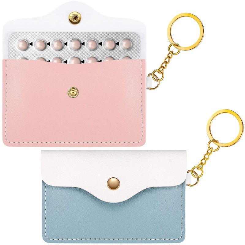 Tondiamo Tondiamo 2 Pack Birth Control Pill Case Sleeve Packet PU Leather Wallet Pill Holder 433 x 3 Inch Birth Control Pouch with Key Ring for Card OrganizerPink Blue