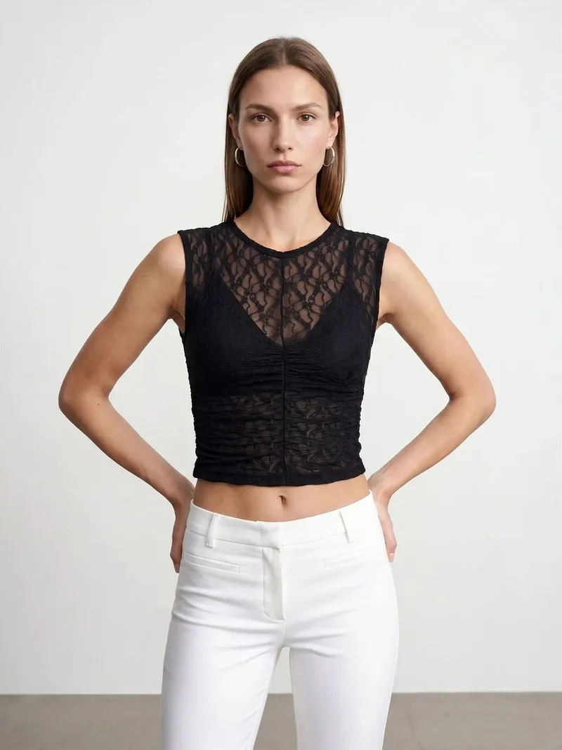 ديلفين DILVIN Sleeveless Lace Ribbed Blouse