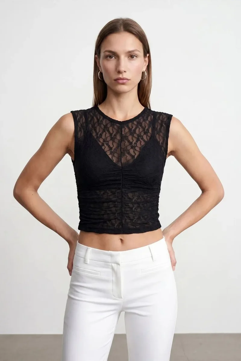 DILVIN Sleeveless Lace Ribbed Blouse