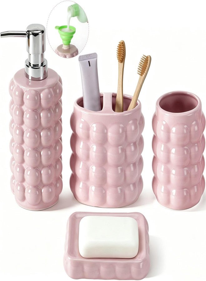 Foinly 4 Piece Ceramic Bathroom Accessories Set -Soap Dispenser,Toothbrush Holder,Tumbler & Soap Dish,Includes Silicone Funnel,Non-Slip,Modern Farmhouse Countertop Organizer Set for Bathroom Decor, Pink - Image 1