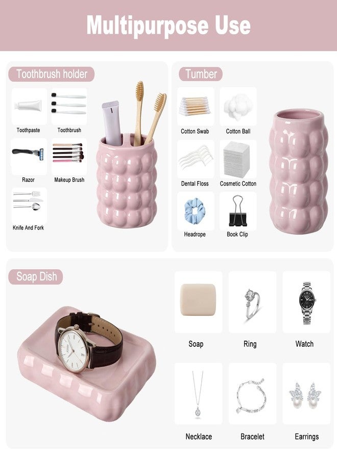 Foinly 4 Piece Ceramic Bathroom Accessories Set -Soap Dispenser,Toothbrush Holder,Tumbler & Soap Dish,Includes Silicone Funnel,Non-Slip,Modern Farmhouse Countertop Organizer Set for Bathroom Decor, Pink - Image 5