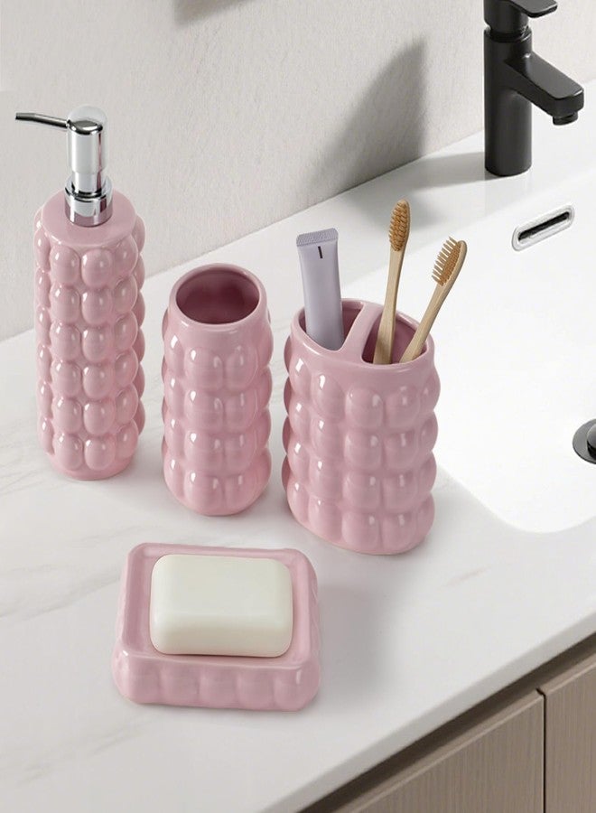 Foinly 4 Piece Ceramic Bathroom Accessories Set -Soap Dispenser,Toothbrush Holder,Tumbler & Soap Dish,Includes Silicone Funnel,Non-Slip,Modern Farmhouse Countertop Organizer Set for Bathroom Decor, Pink - Image 2
